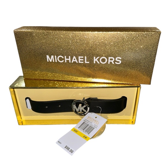 NIB Michael Kors BLACK  25MM REVERSIBLE Pave Logo Belt In Box SZ S/M BLING LOGO - Picture 1 of 4